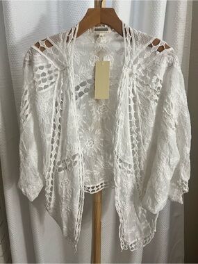 Amber Skies- White Crochet Lace Open Cardigan, medium
